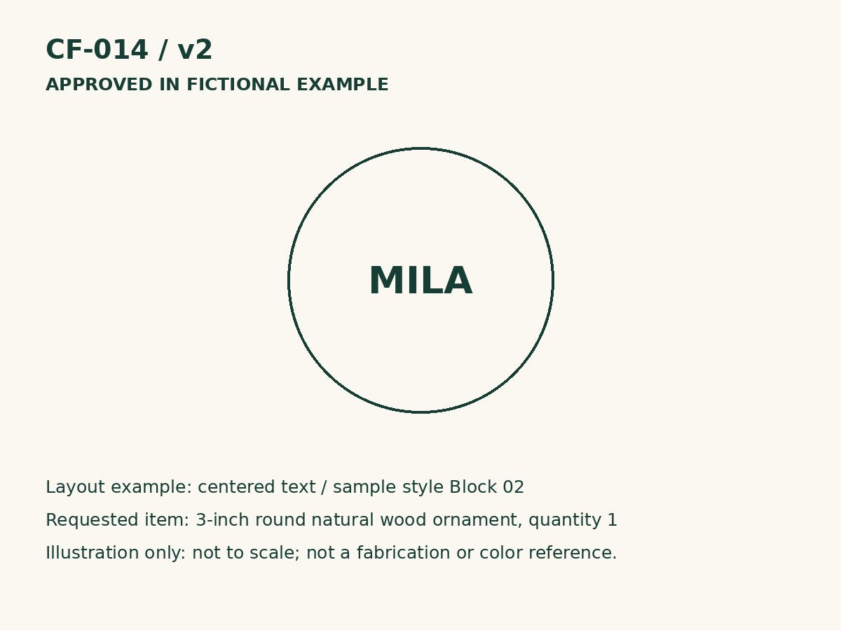 Fictional order CF-014 v2 shows MILA and is approved in the example.